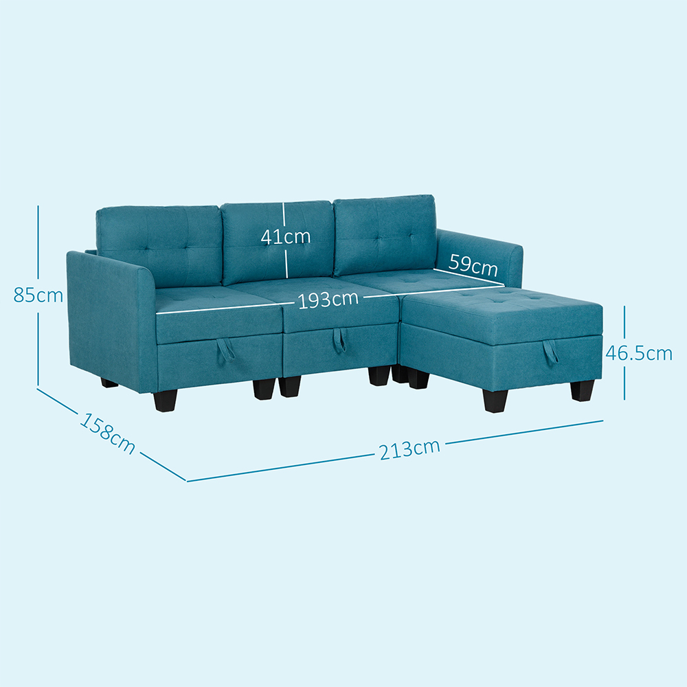 HOMCOM 3 Seater Light Blue Modular L Shaped Sofa with Storage Image 7