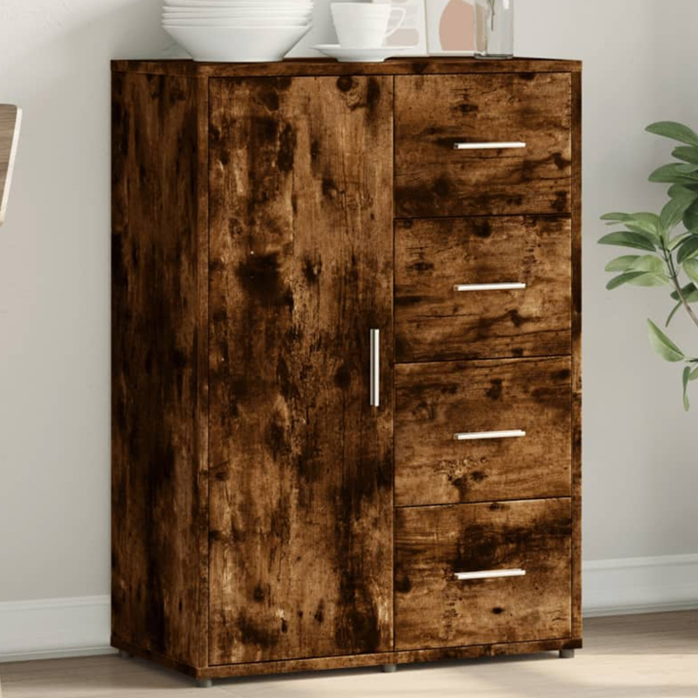 vidaXL 4 Drawer Single Door Smoked Oak Sideboard Image 1