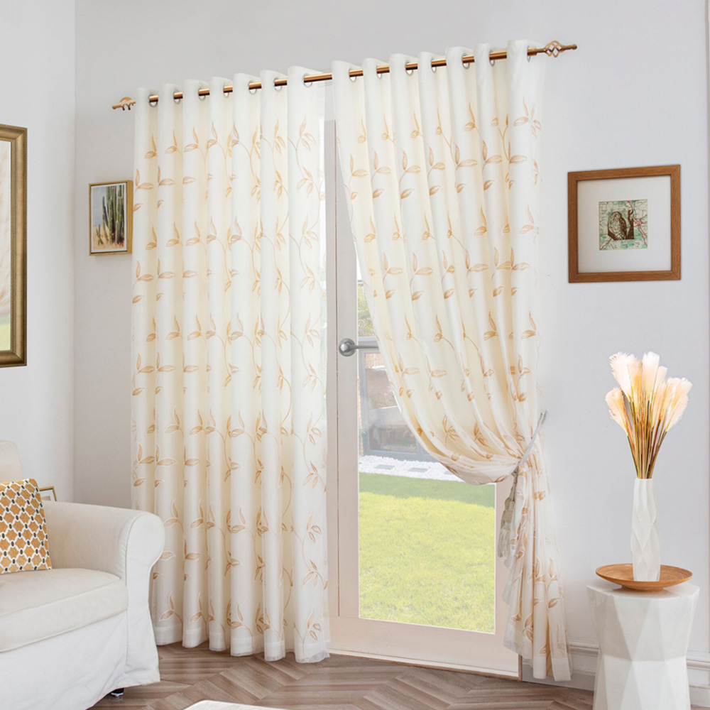 Alan Symonds Leaf Embroidered Gold Ring Top Eyelet Tulle Voile Curtains 147 x 137cm Image 1