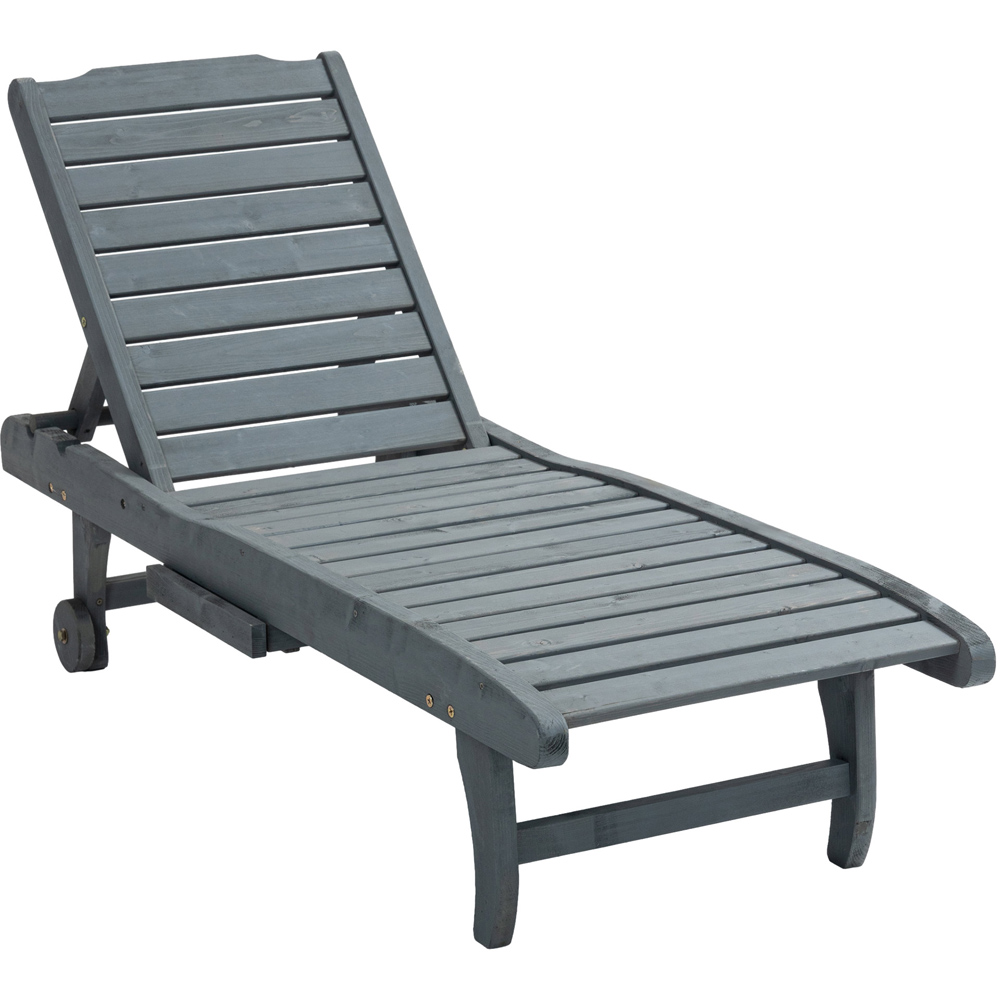 Outsunny Grey Wooden Sun Lounger with Pull Out Table Image 2