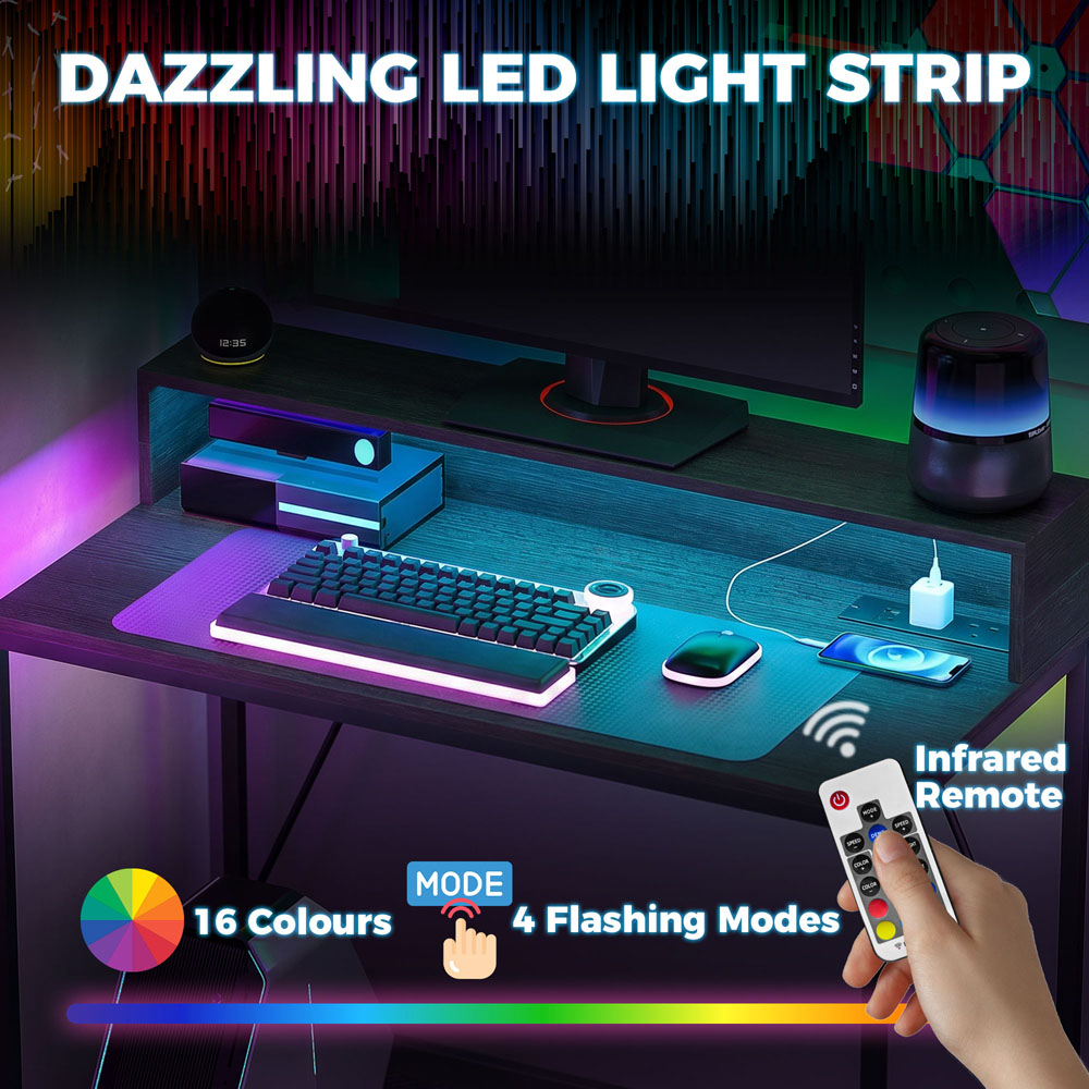 HOMCOM Gaming Desk with LED and Power Outlets Black Wood-Effect Image 5