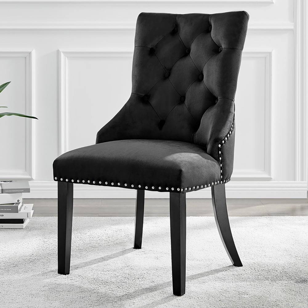 Furniturebox Kennsington Set of 2 Black Velvet Knockerback Dining Chair Image 1