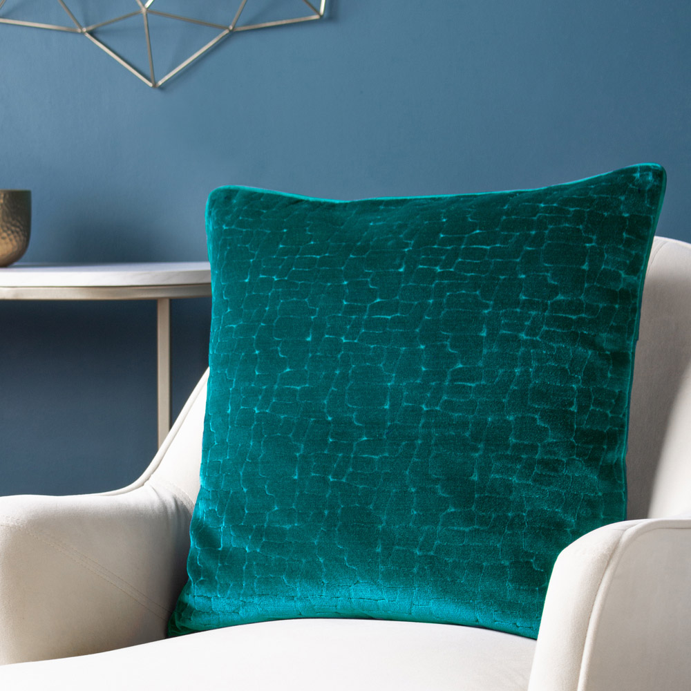 Paoletti Bloomsbury Teal Geometric Cut Velvet Piped Cushion Image 2