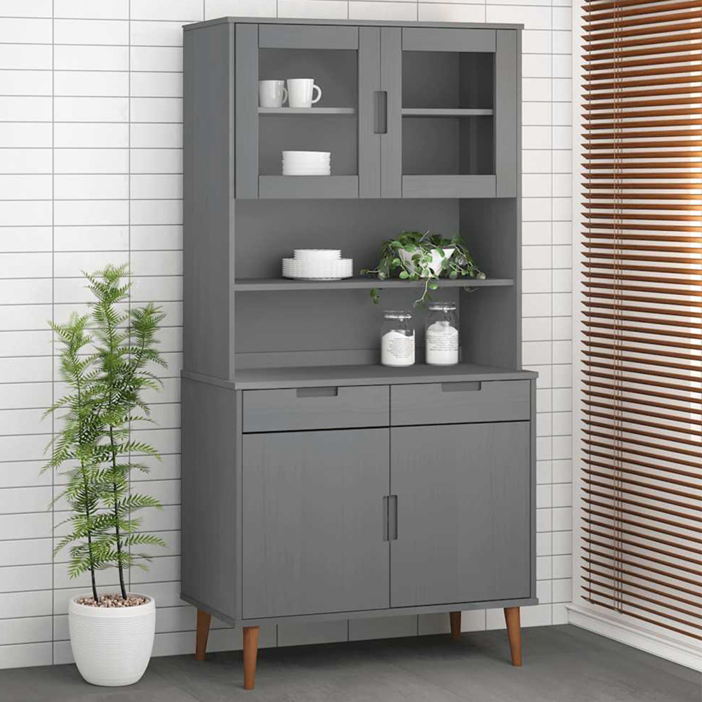 vidaXL Molde 2 Door Single Shelf Grey Solid Pine Wood Highboard Top Image 1