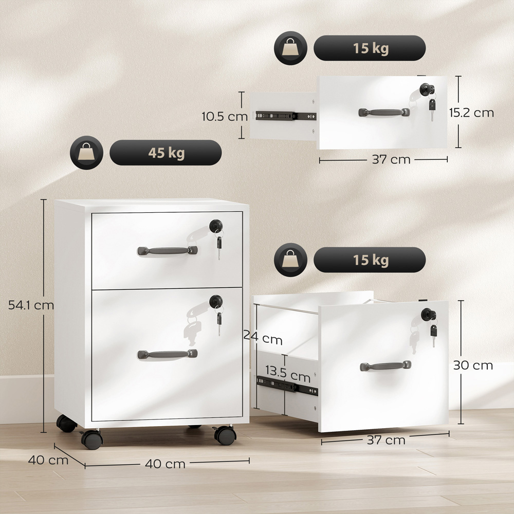 Portland 2 Drawer White Mobile Lockable Filing Cabinet with Keys Image 9