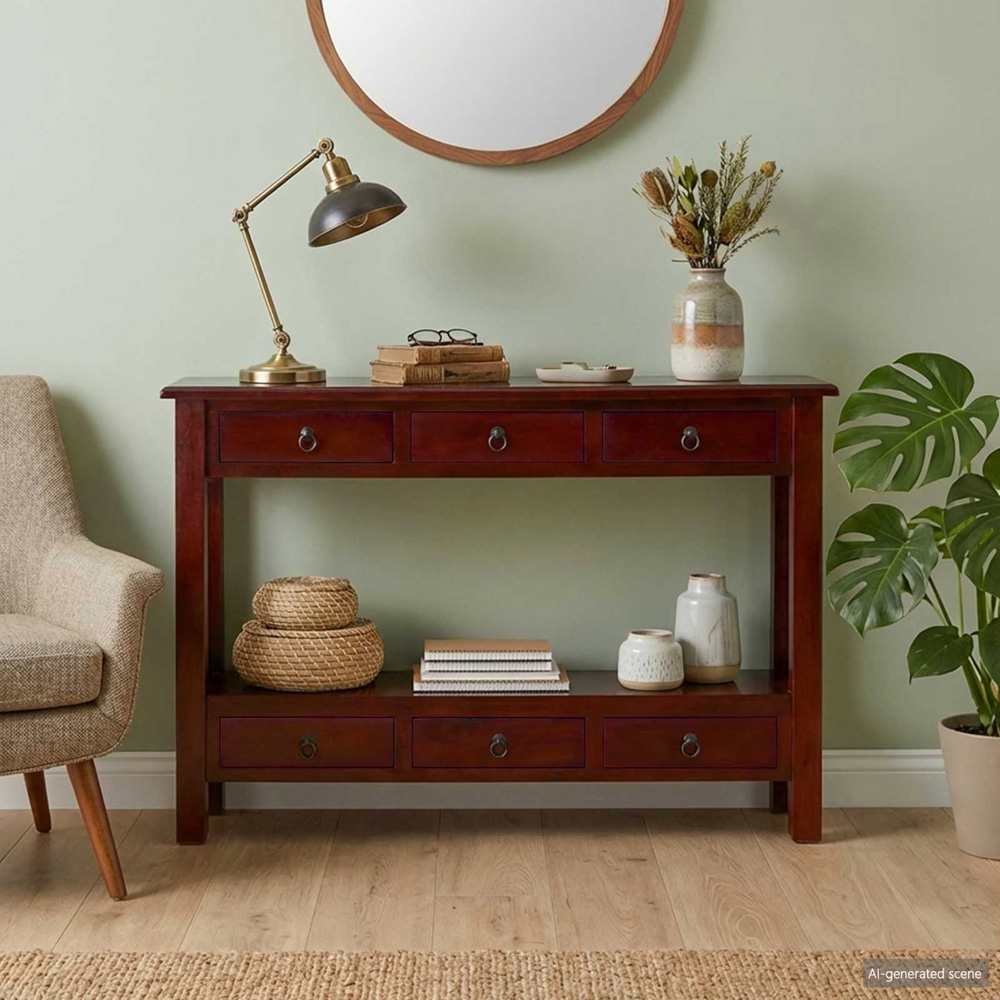 vidaXL 6 Drawer Single Shelf Brown Solid Mahogany Wood Console Table Image 9