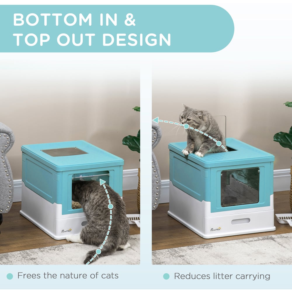 PawHut Light Blue Hooded Cat Litter Box with Scoop and Tray Image 5