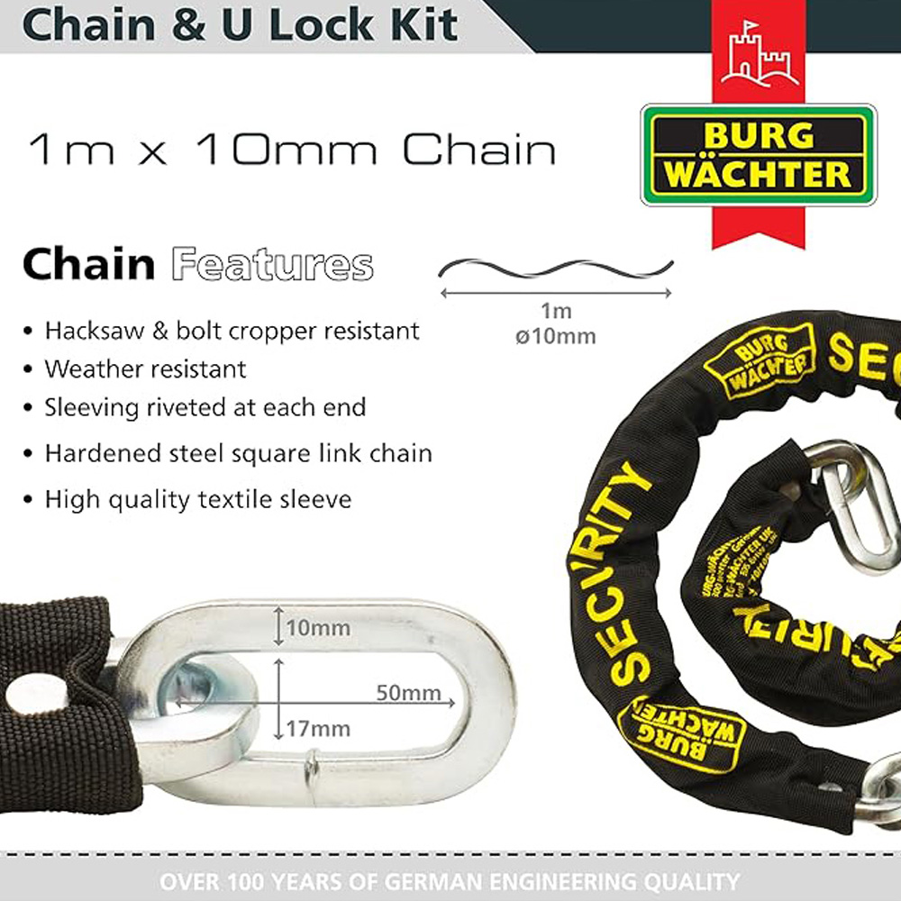 Burg-Wachter Duo Kit Sold Secure Diamond & Gold 1m x 10mm Keyed Alike Chain Twin Pack + U-locks Image 4