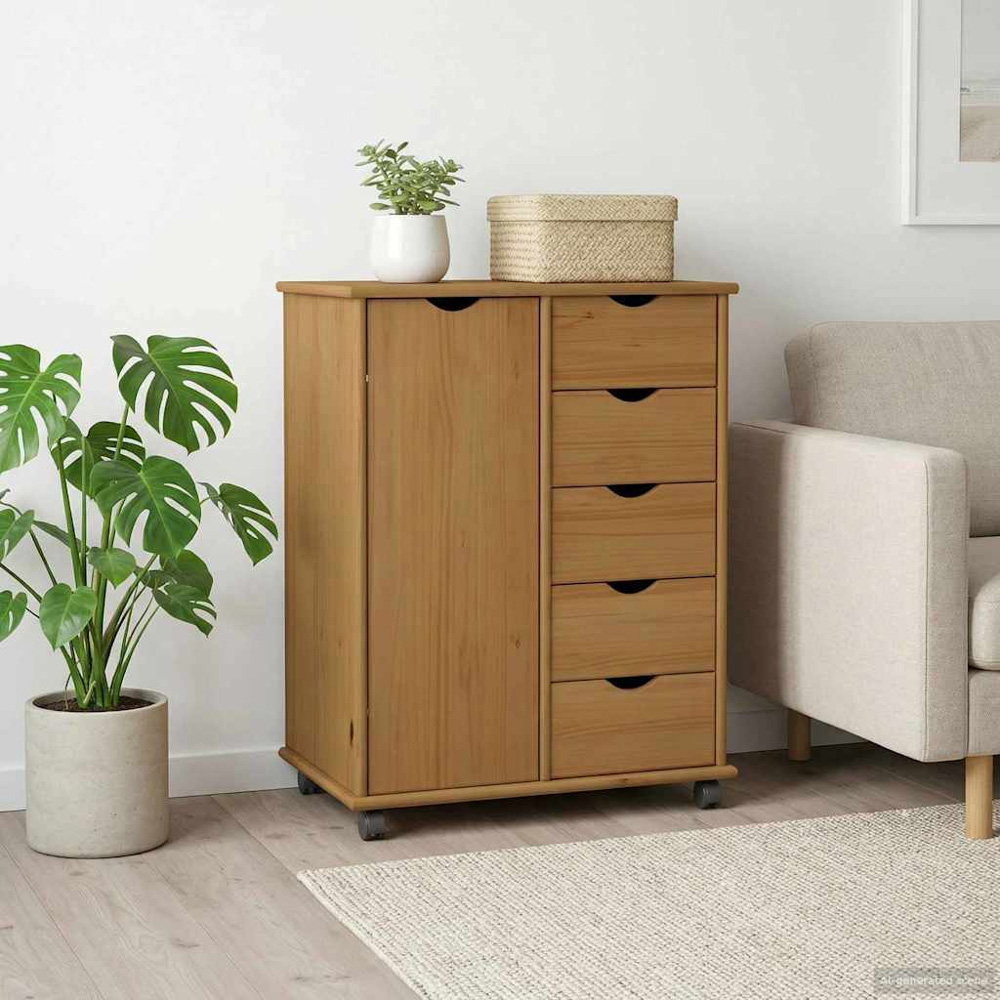vidaXL Single Door 5 Drawer Honey Brown Rolling Storage Cabinet Image 8