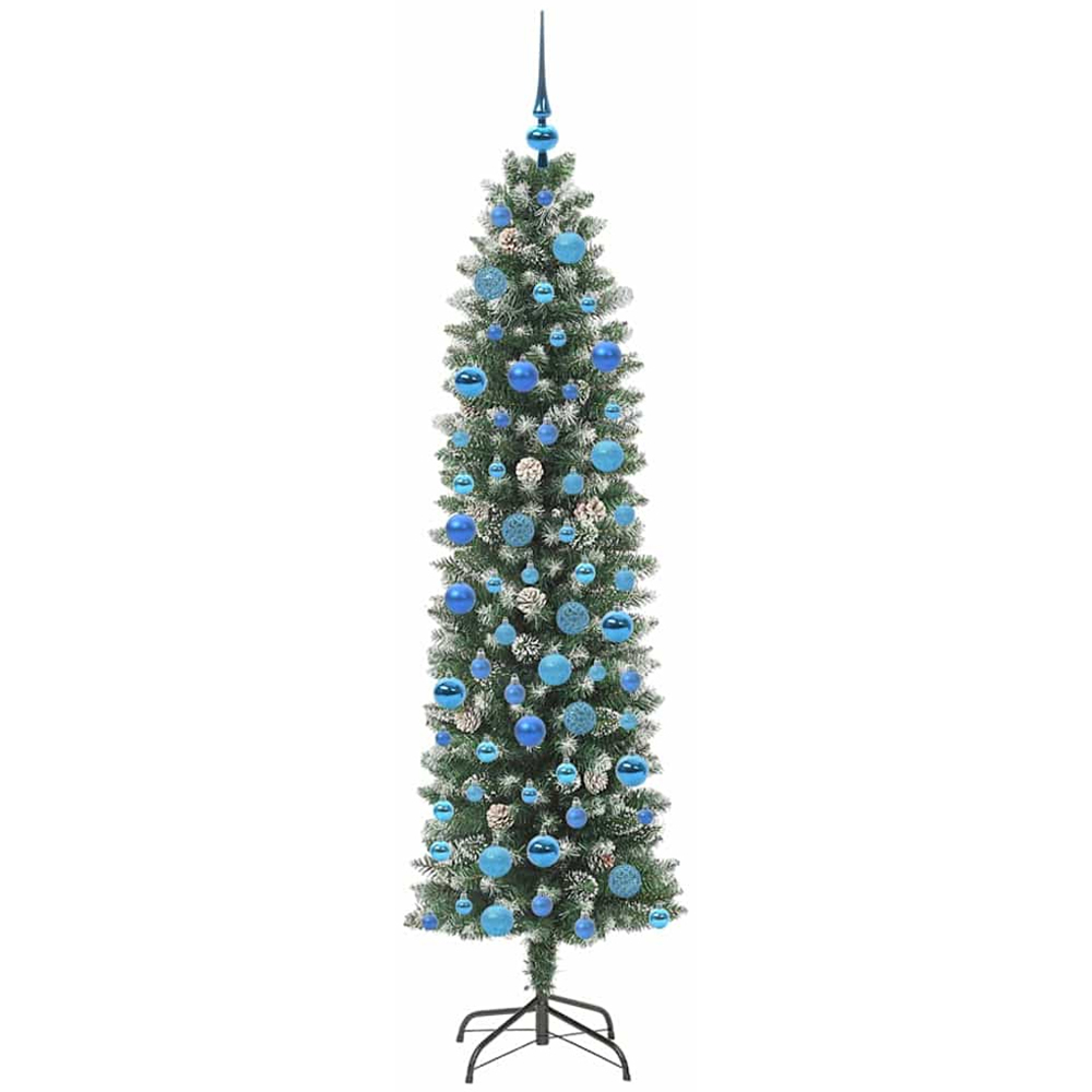 vidaXL Pre-Lit Warm White LED and Blue Baubles Green Slim Artificial Christmas Tree 6ft Image 3