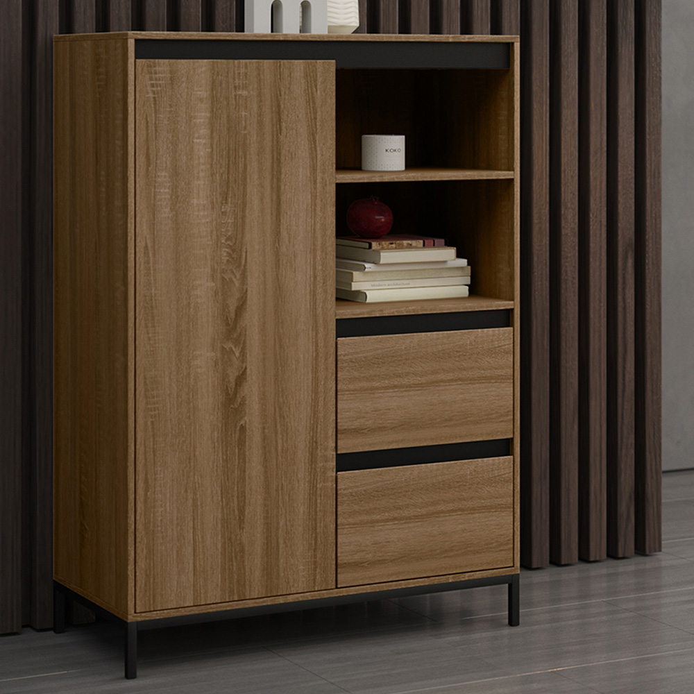 Loft24 Bari Single Door 2 Drawer Oak Black Storage Cabinet Image 1