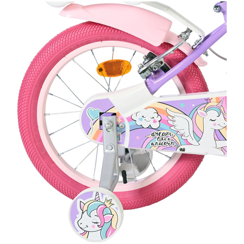 Volare Unicorn Kids 16 inch Purple and Pink Bike with Stabilisers Doll Seat and Basket Image 4