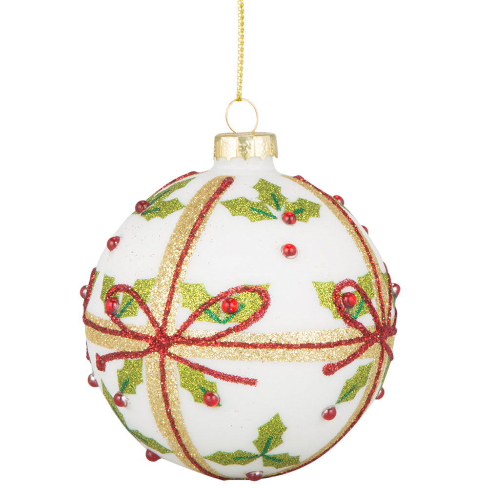 White Holly Bow Glass Bauble Image