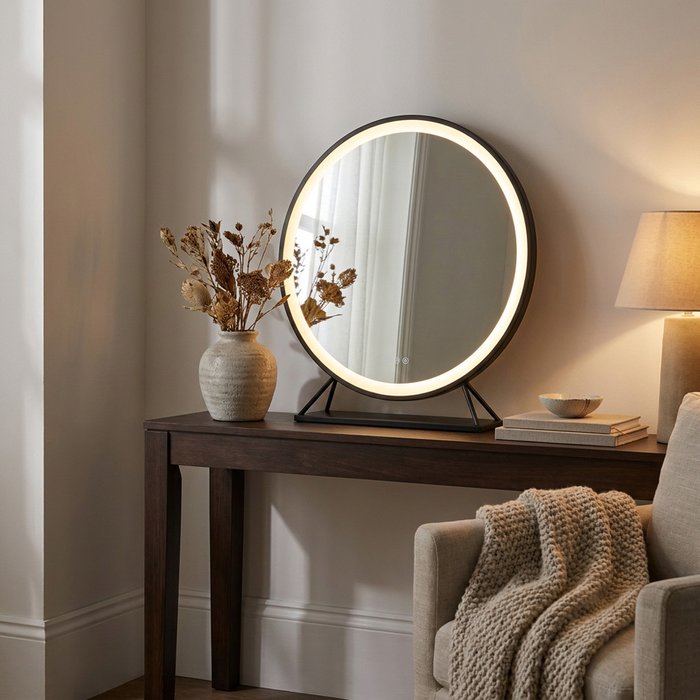 Round Standing Hollywood LED Mirror Black Image 4
