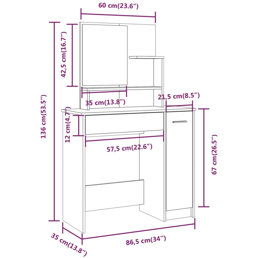 vidaXL Single Door Single Wide Drawer White Dressing Table with Mirror Image 9