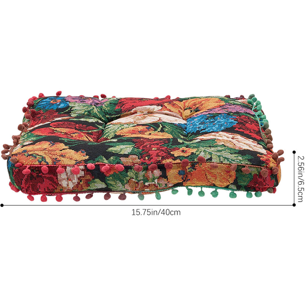 Living and Home Black Vintage Floral Embroidered Tatami Seat Cushion with Pom Poms 40 x 40cm Image 8