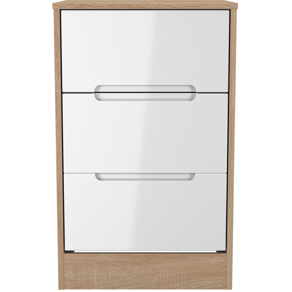 Crowndale Monaco 3 Drawer White Gloss and Bardolino Oak Bedside Cabinet Ready Assembled Image 2