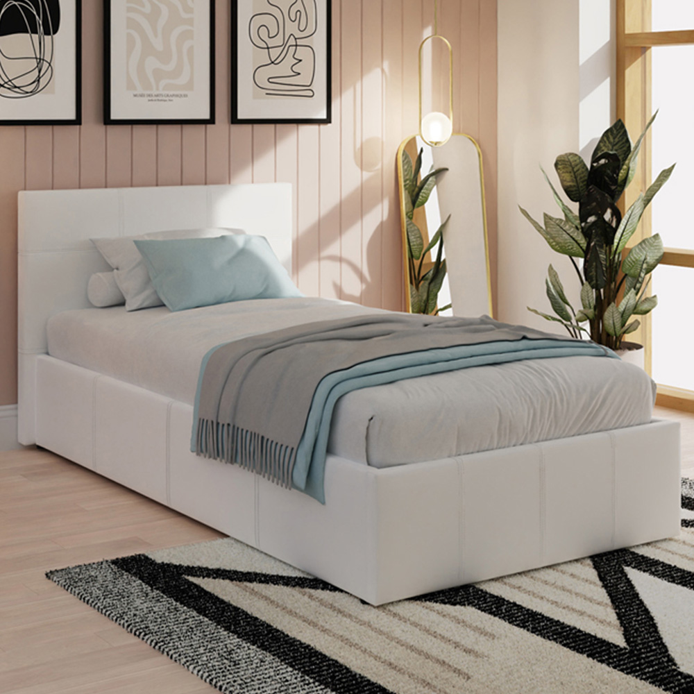 GFW Single White Faux Leather End Lift Ottoman Bed with Bonnell Mattress Image 1