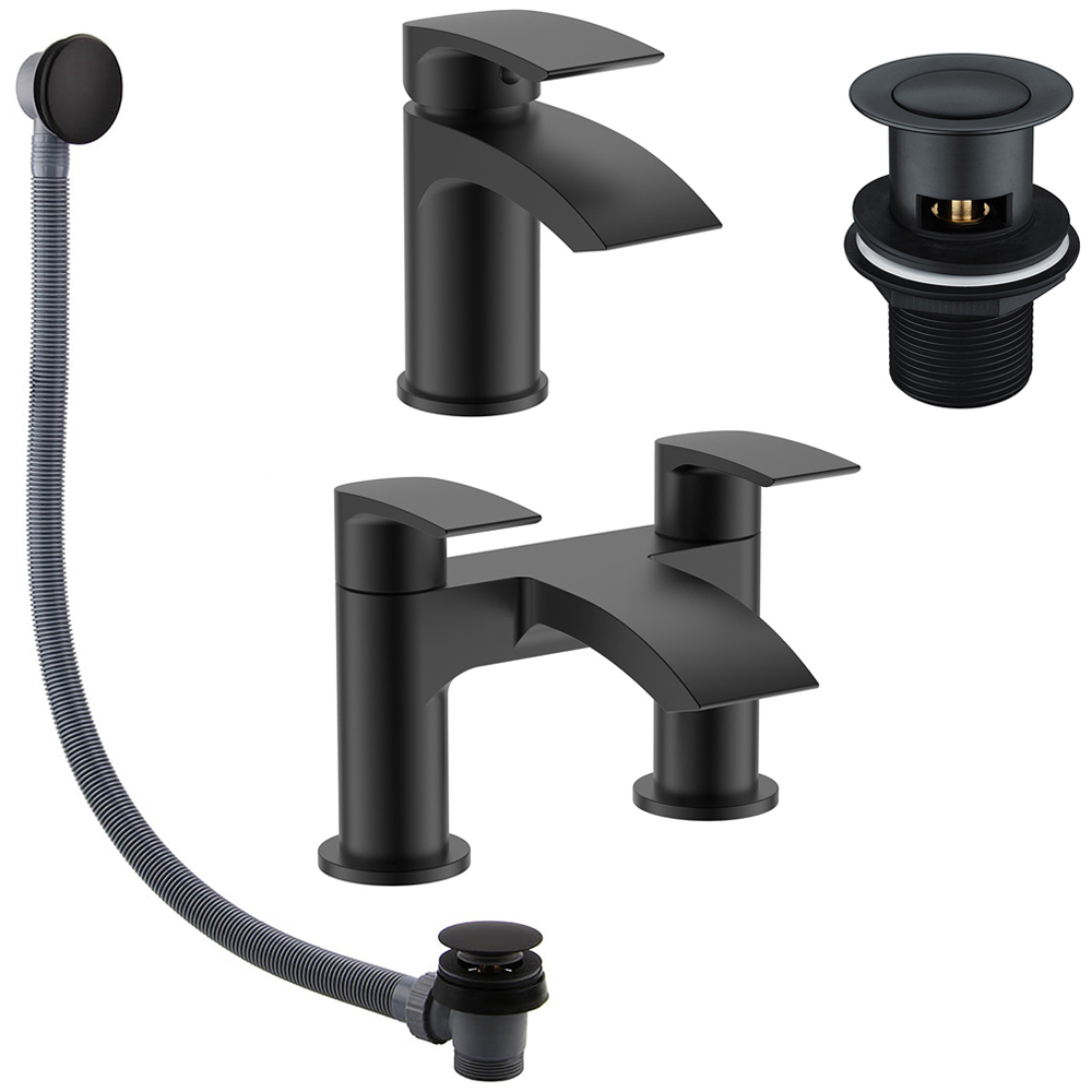 Nes Home Libra Matte Black Round Basin Tap and Bath Filler with Waste Set Image 1