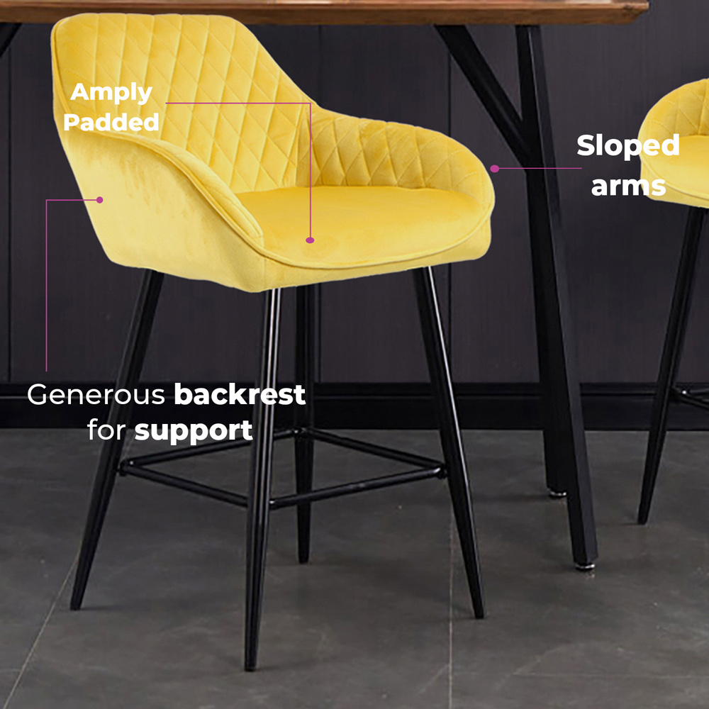 Neo Yellow Crushed Velvet Diamond Quilted Bar Stool Set of 2 Image 7