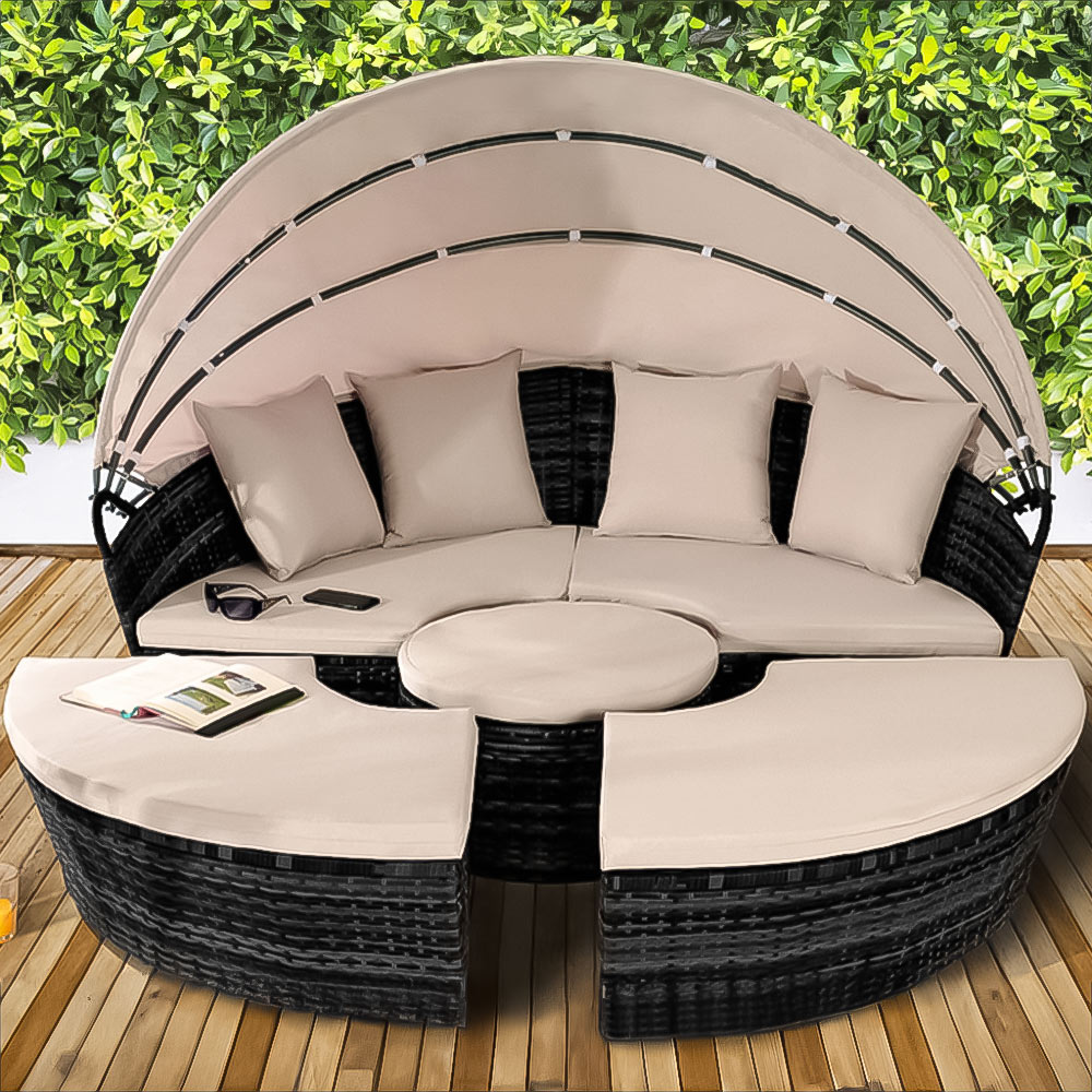 Brooklyn Luxury 8 Seater Black Rattan Sun Lounger Sofa Set with Canopy 160cm Image 1
