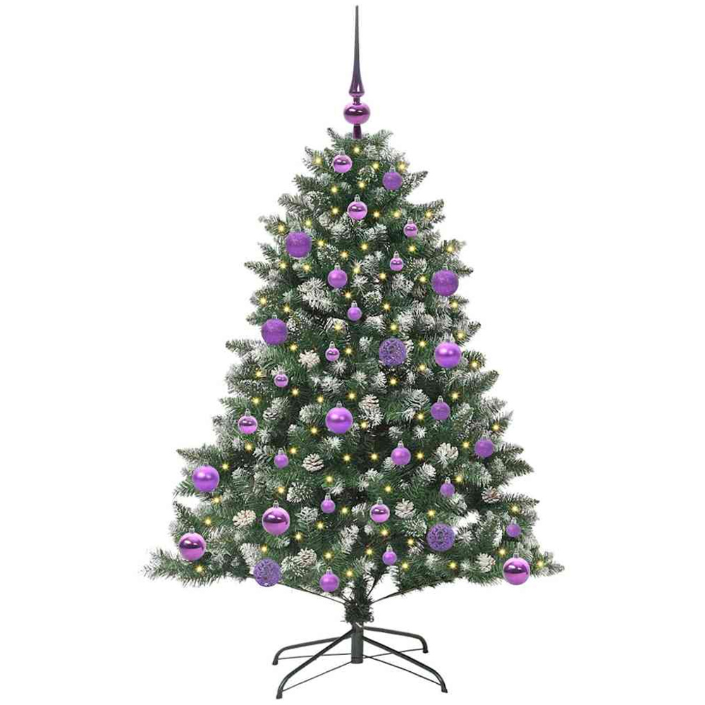 vidaXL Pre-Lit Lilac Bauble Pinecones Green Snow Flocked Artificial Christmas Tree 4ft Image 1