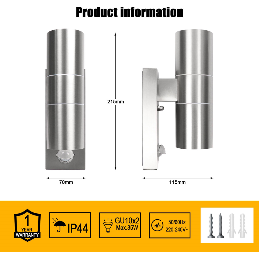 ExtraStar Silver Stainless Steel Double Wall Light with Motion Sensor Image 6