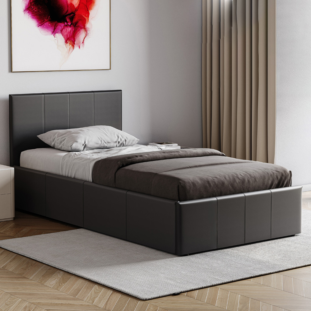 VIDA DESIGNS Lisbon Single Ottoman Black Faux Leather Bed with Gel Memory Foam Mattress Image 1
