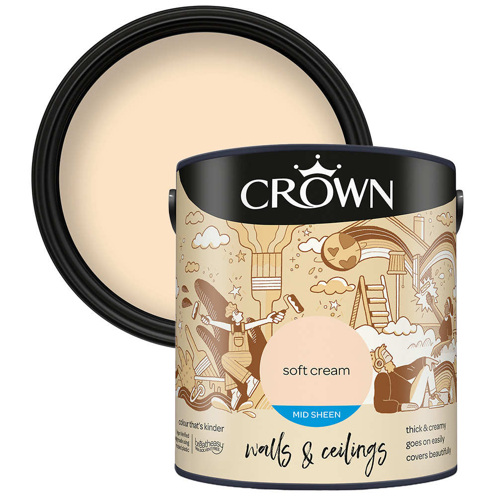 Crown Walls & Ceilings Soft Cream Mid Sheen Emulsion Paint 2.5L Image 1