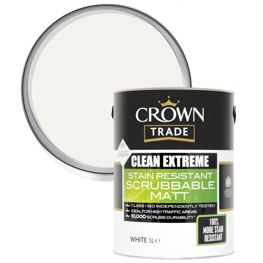 Crown Trade Clean Extreme White Stain Resistant Scrubbable Matt Paint 5L Image 1
