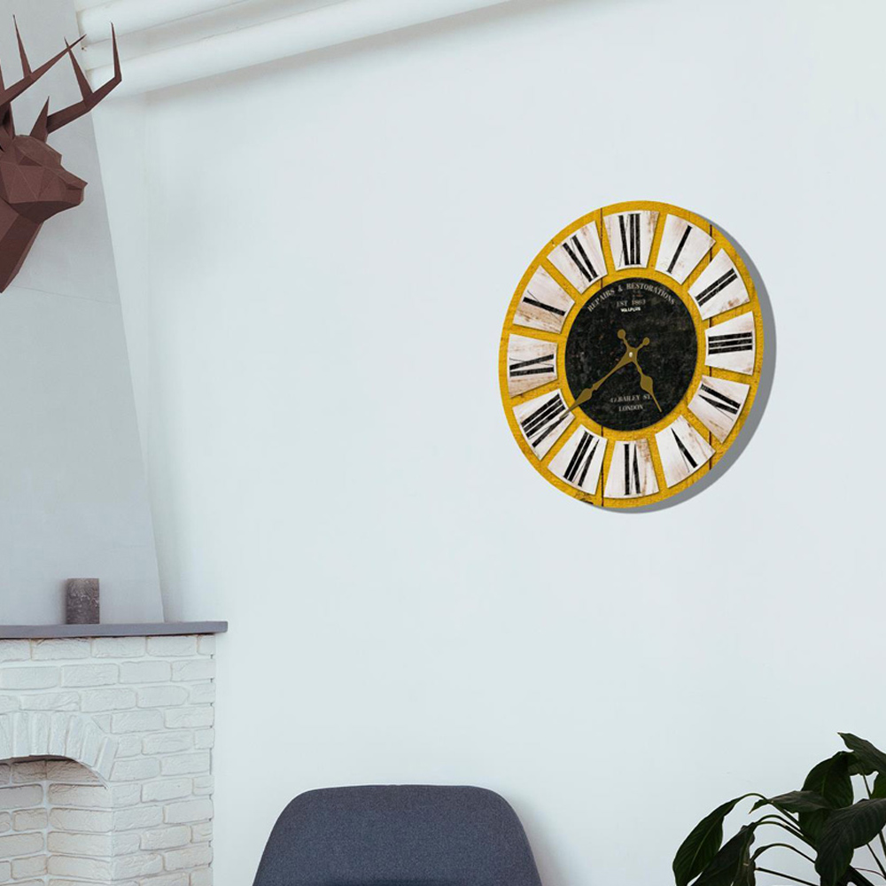 Walplus Yellow Wooden Vintage Wall Round Clock 30cm Image 4