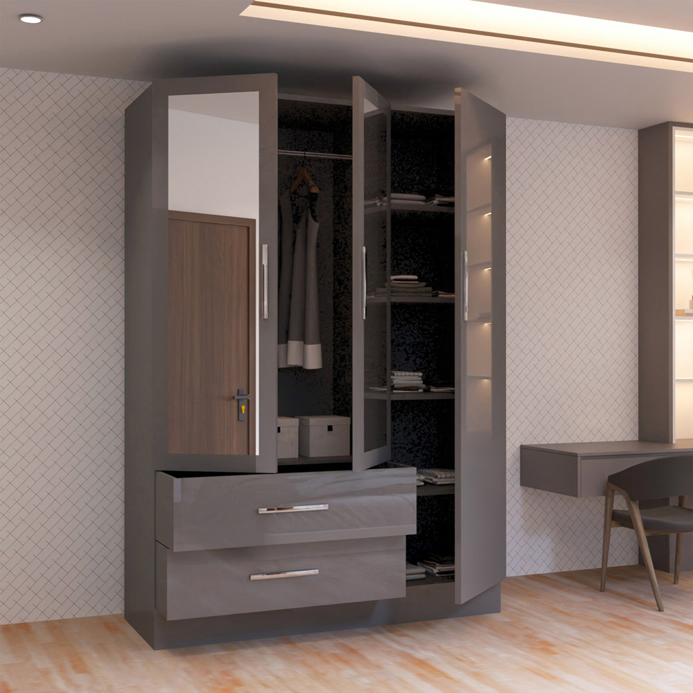 Sliding Wardrobes 4U 3 Door 2 Drawer Grey High Gloss Hinge Door Wardrobe 120cm Image 3