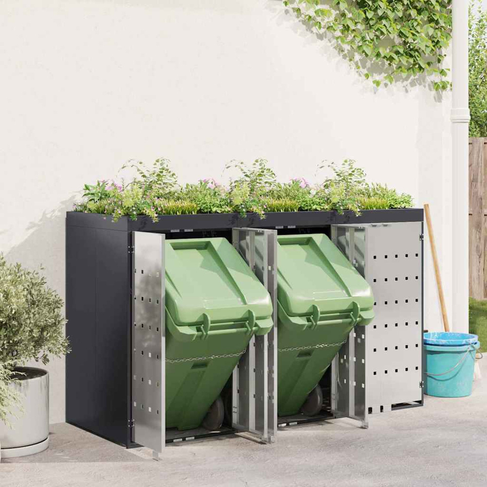 vidaXL Anthracite 3 Wheelie Bin Storage Shed with Stainless Steel Door and Planter Roof Image 2