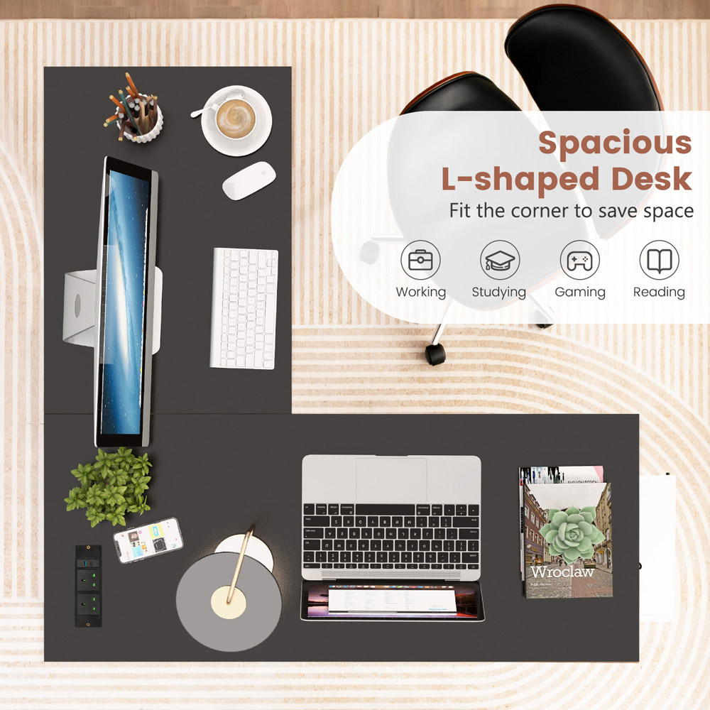 Costway 2 Shelf L Shaped Computer Desk with USB Port Black Image 7