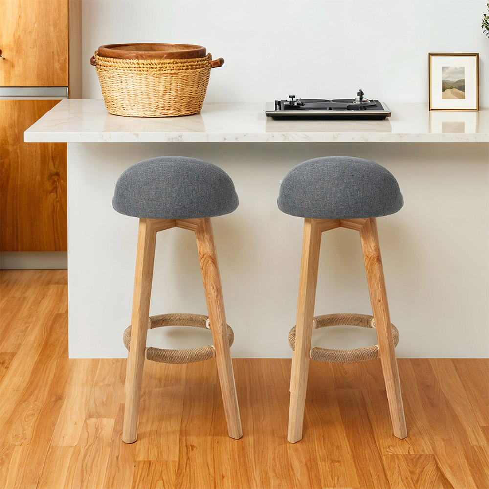 Living and Home Set of 2 Grey Linen Bar Stools with Wood Legs Image 7