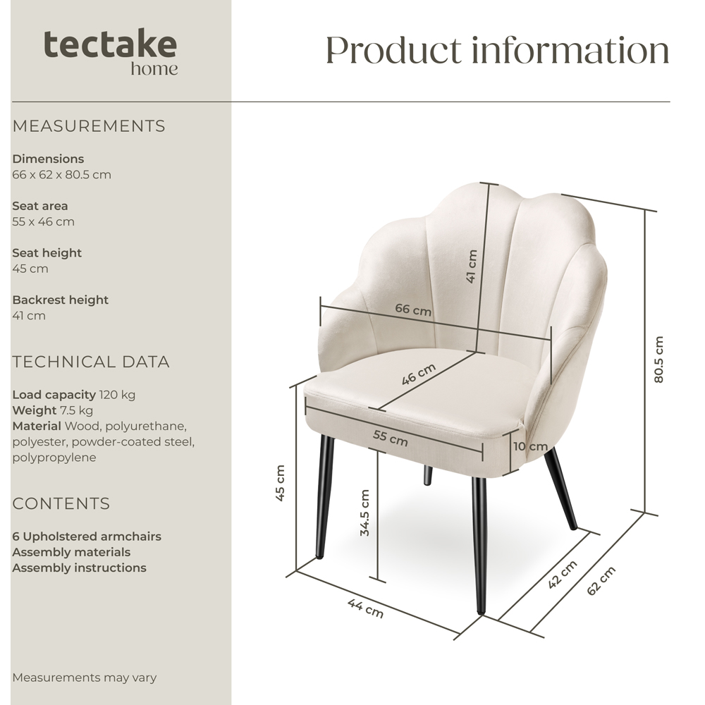 tectake Hellen Set of 6 Cream and Black Shell Shaped Velvet Accent Chair Image 9