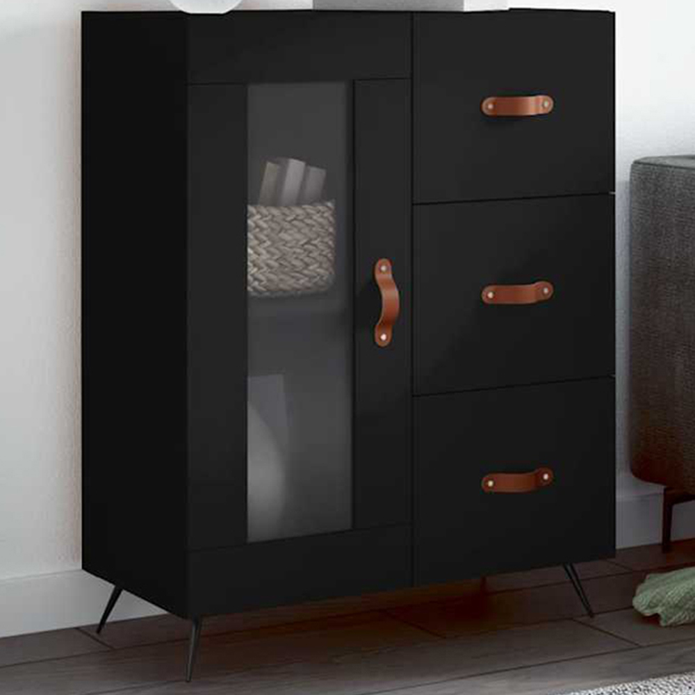 vidaXL Single Glass Door 3 Drawer 2 Shelf Black Wooden Sideboard Image 1