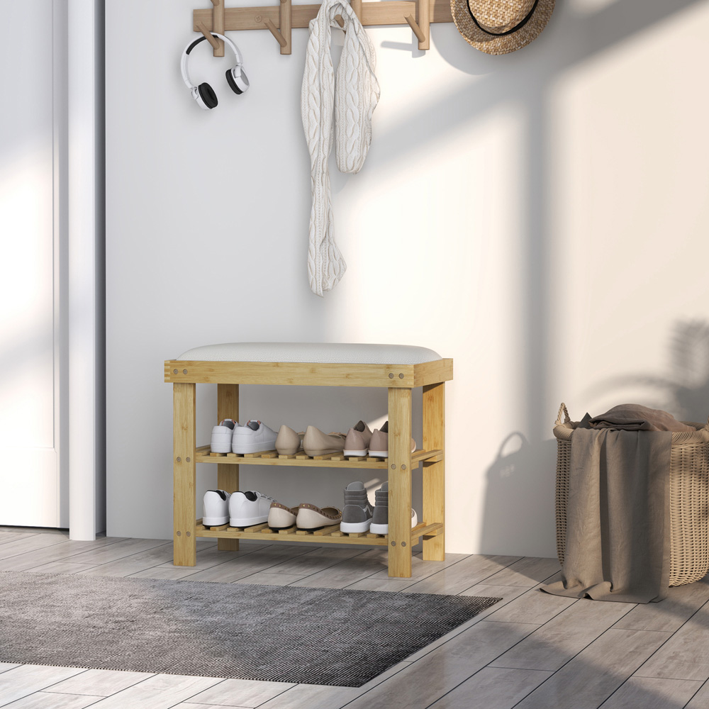 HOMCOM 2 Shelf Cream Bamboo Shoe Storage Bench Image 4