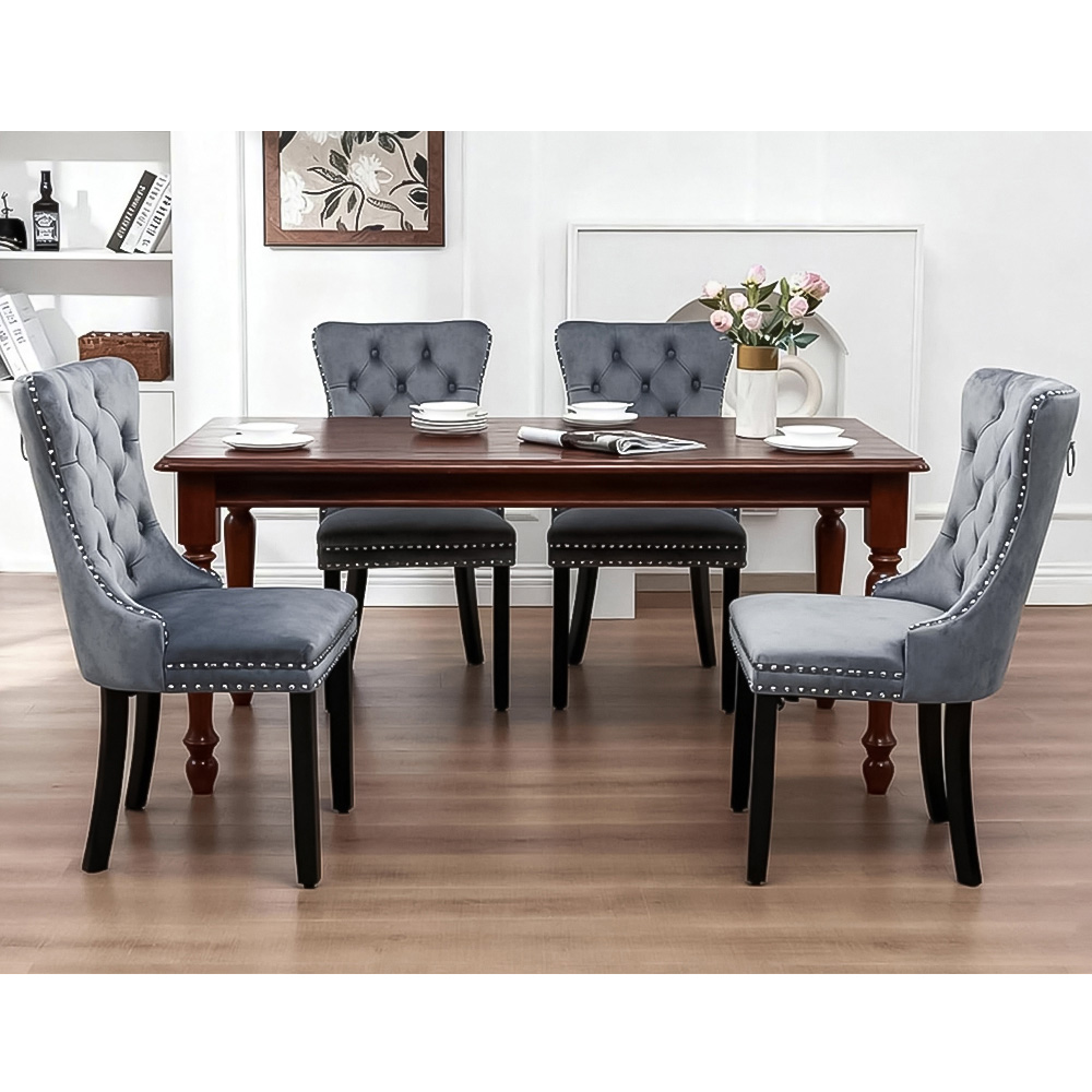 Alivio Set of 2 Grey Velvet Nailhead Trim Tufted Dining Chairs Image 4