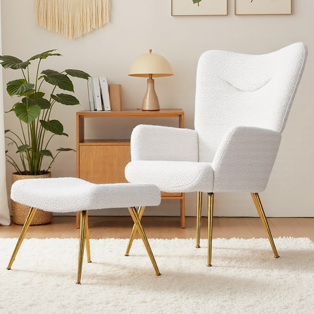 Living and Home White Sherpa Fleece Accent Chair with Footstool Image 1
