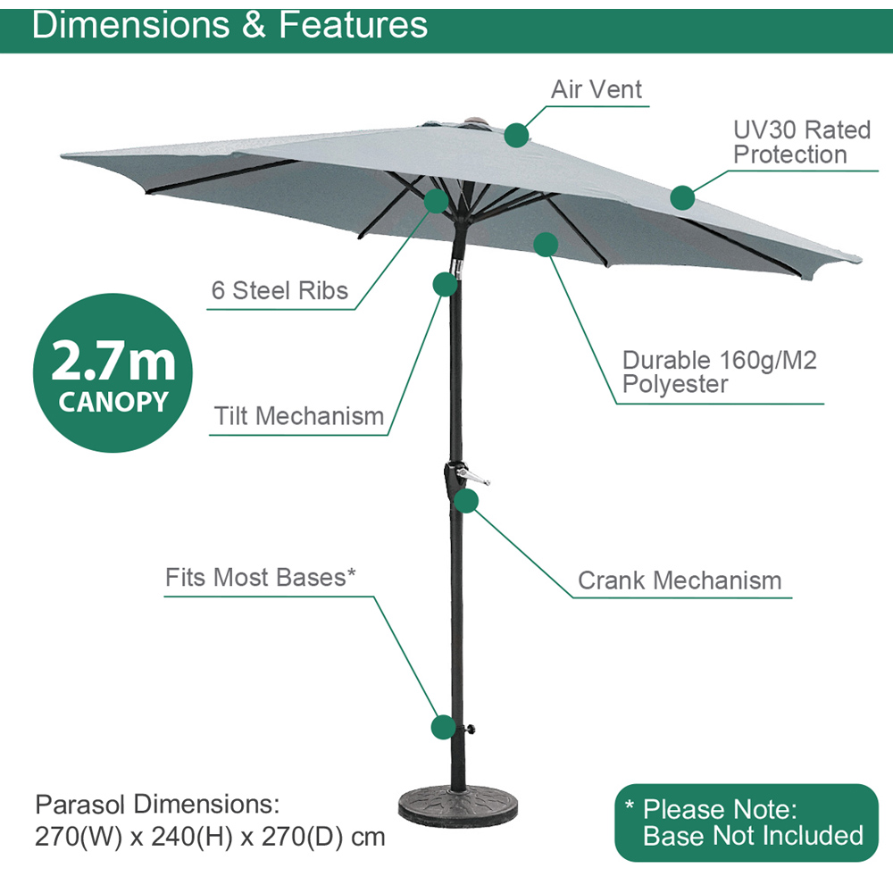 GardenKraft Grey 6 Ribs Crank and Tilt Parasol 2.7m Image 9