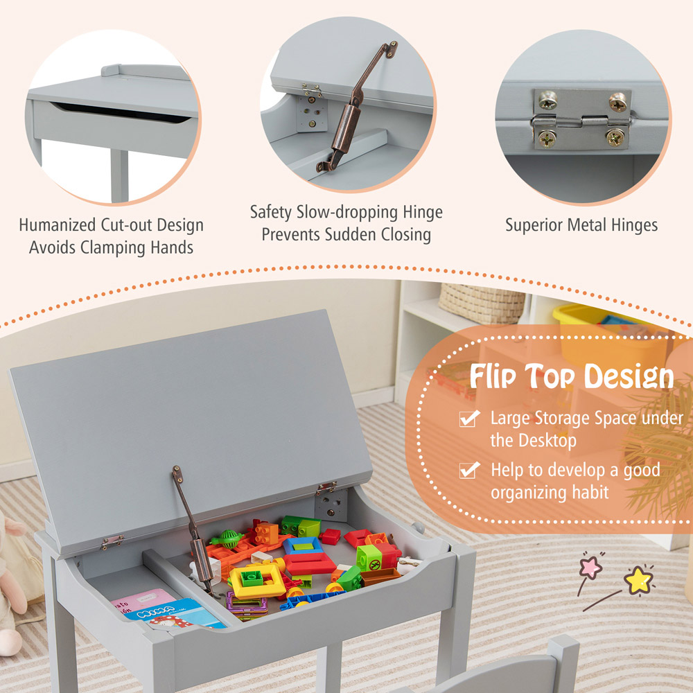 Costway Kids Grey Table and Chair Set with Hidden Space and Hook Image 7