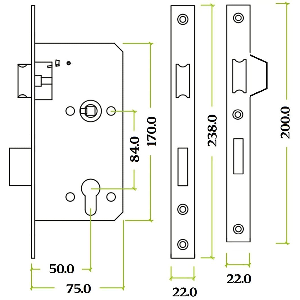 Golden Grace Polished Chrome Euro Mortise Sash Lock Body Backset 75mm Image 2