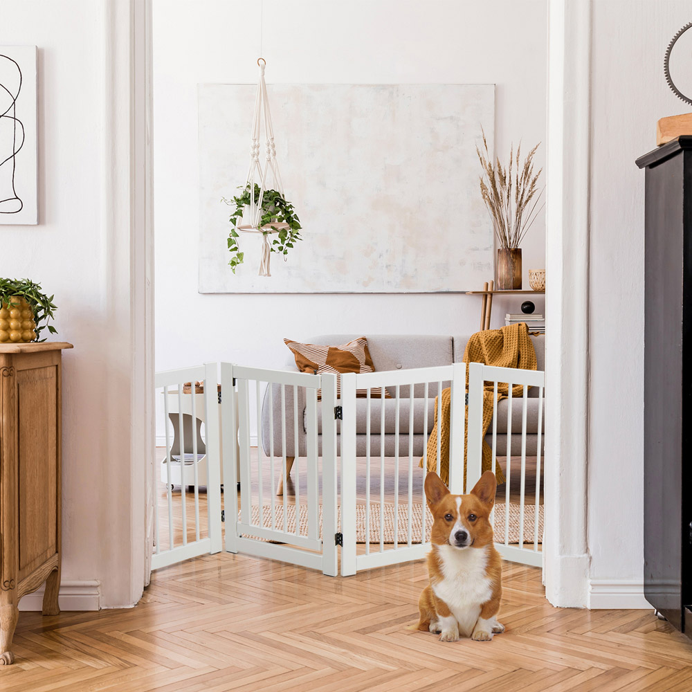 Costway 4 Panel White Wooden Dog Gate with Door Walk Through Image 2