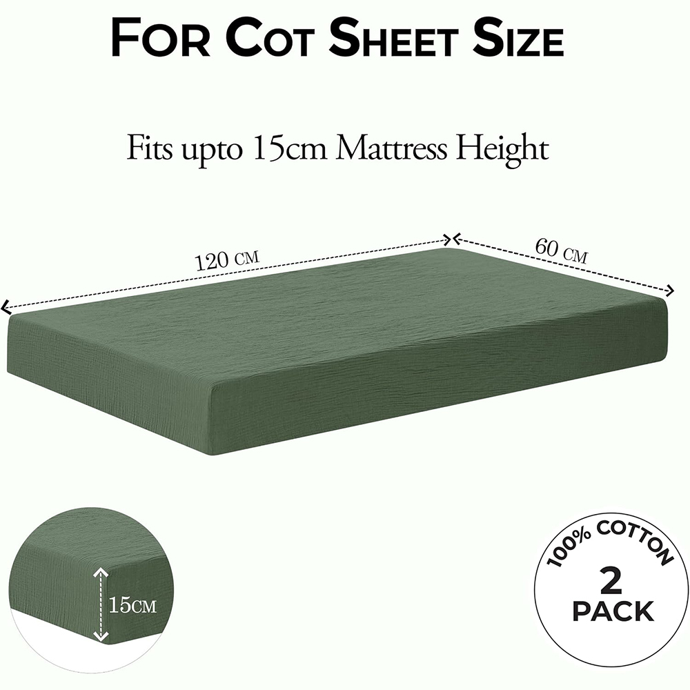 MHG Living Green Cotton Muslin Fitted Cot Bed Sheet 120 x 60cm 2 Pack Image 6