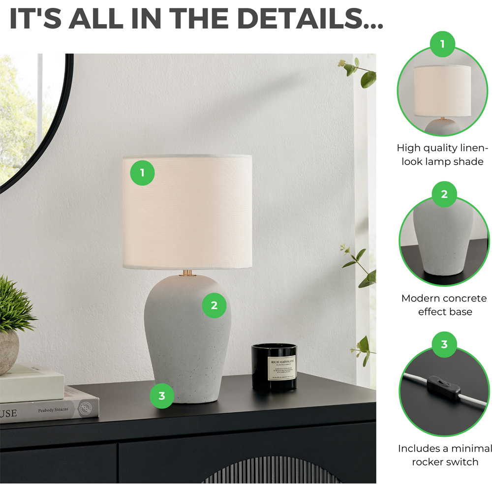 Furniturebox Tessa Grey Concrete Effect and White Fabric Table Lamp Image 7