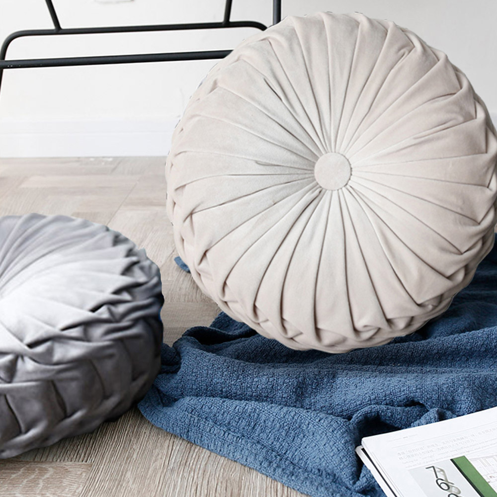 Living and Home Beige Round Pleated Pumpkin Velvet Cushion 45cm Image 7
