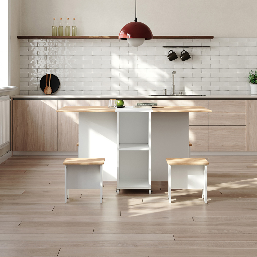Living and Home 4 Seater Drop-Leaf Table Dining Set White and Light Wood Image 7