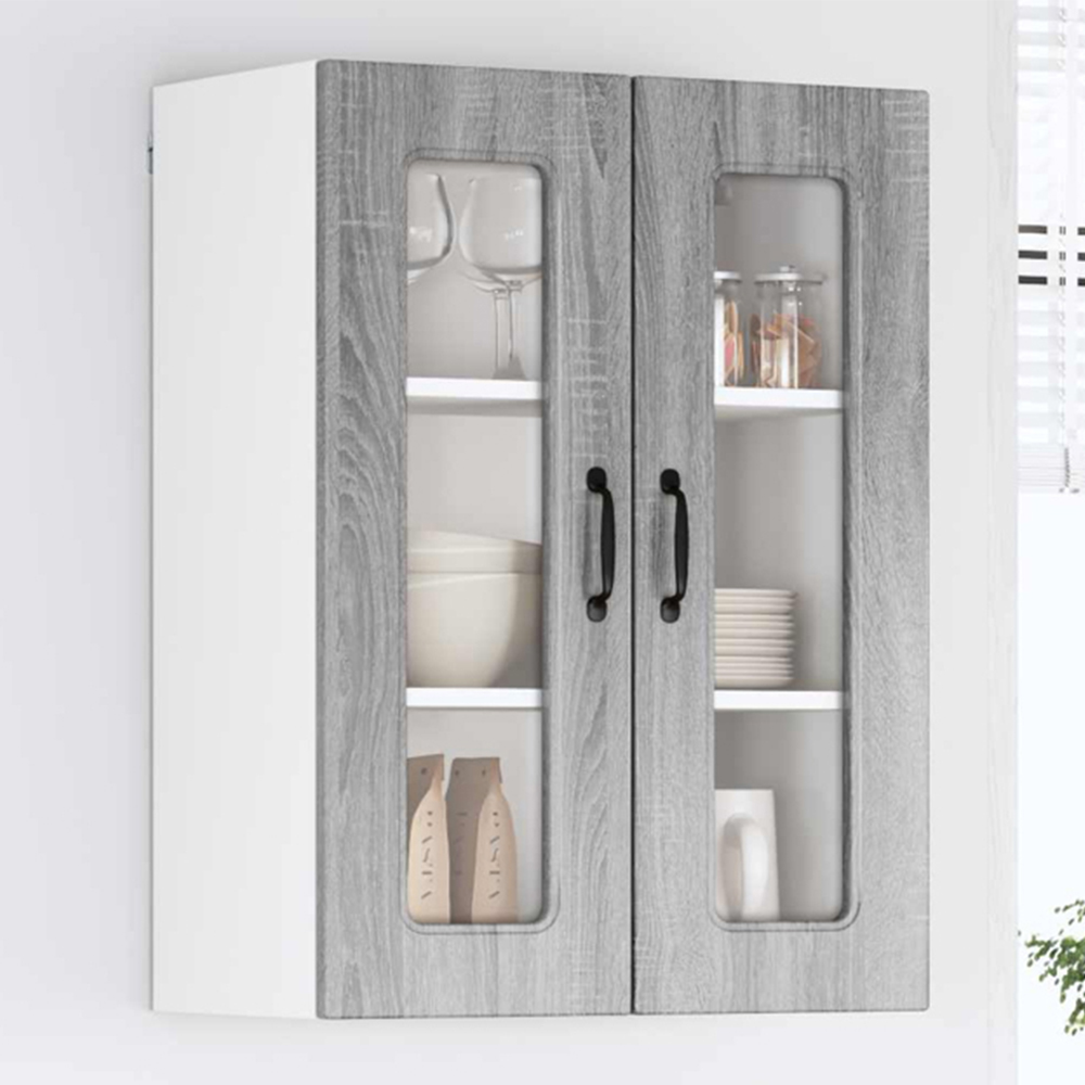 vidaXL 2 Glass Door Grey Sonoma Kitchen Wall Cabinet Image 1