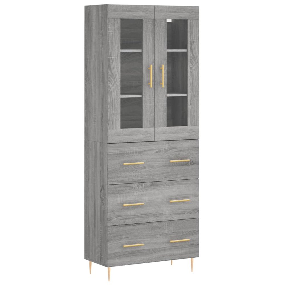vidaXL 2 Glass Door 3 Drawer Concrete Grey Highboard Image 2